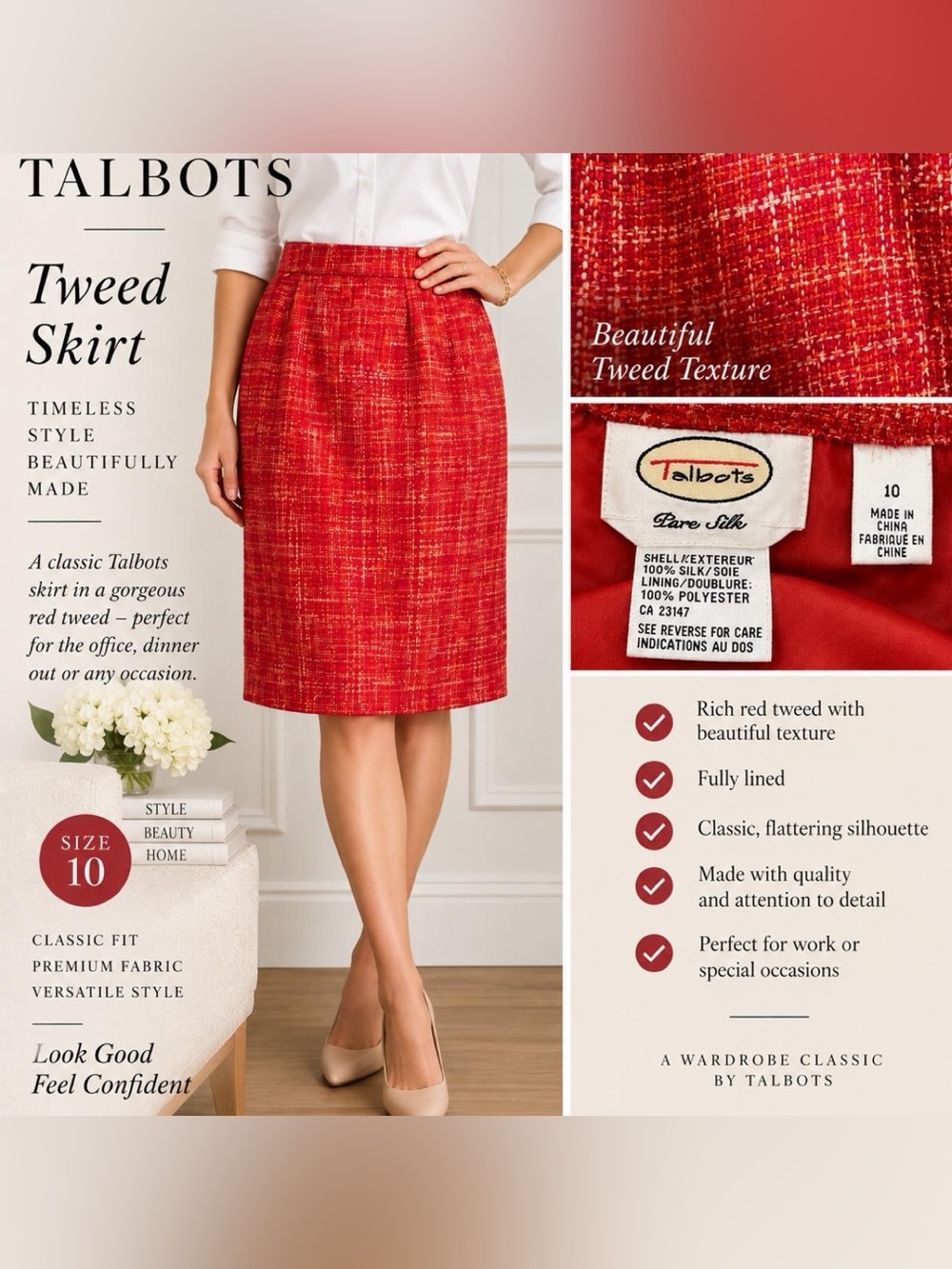 Talbots Red Tweed Pencil Skirt